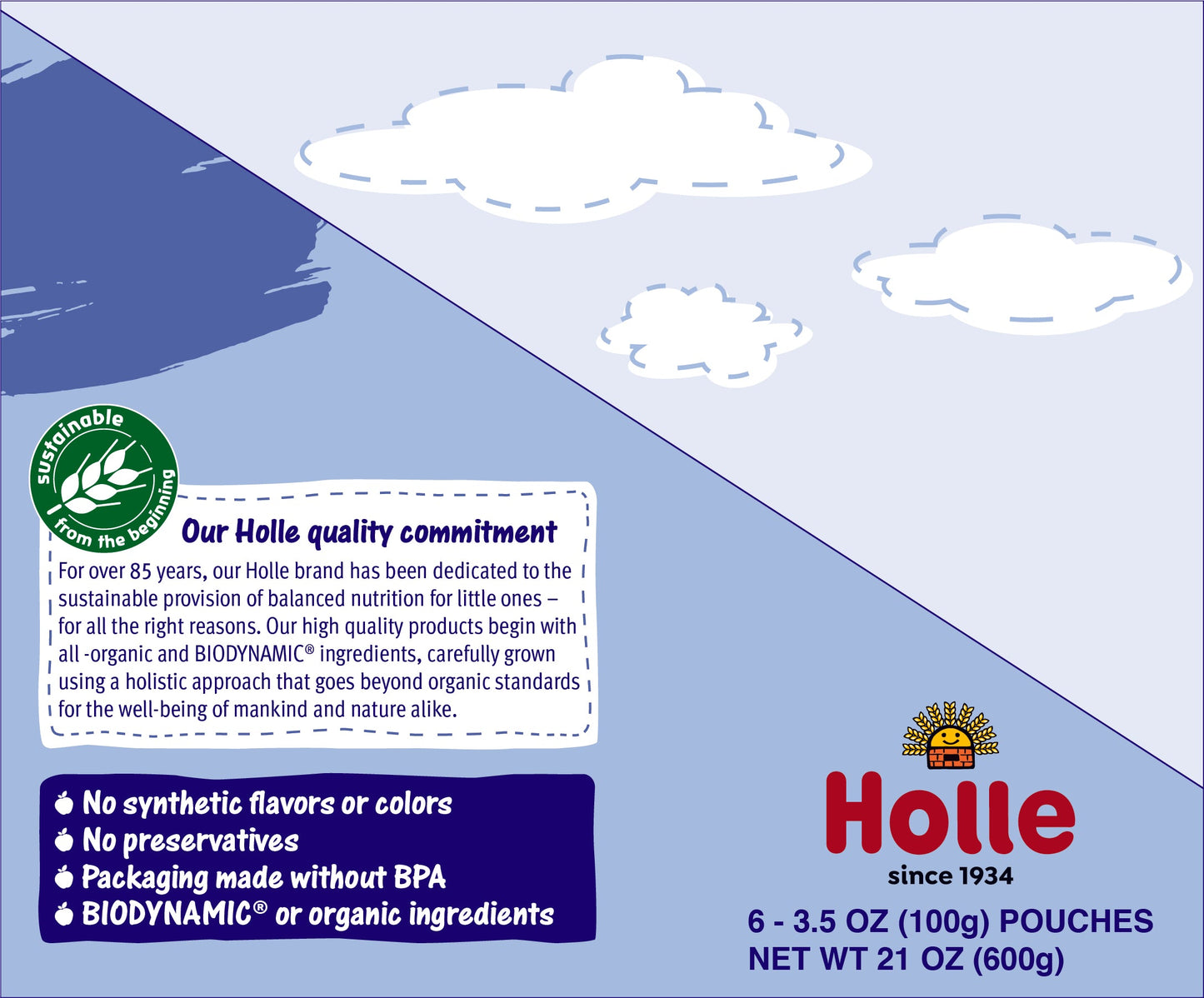 Holle Baby Food Pouches - Organic Fruit & Grain Puree - Blue Bird (12 x 3.5Oz Pouches)