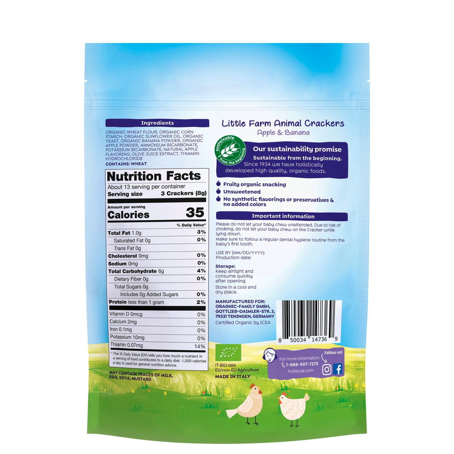 Holle Organic Little Farm Animal Crackers - Apple & Banana (6 x 3.5oz Packs)