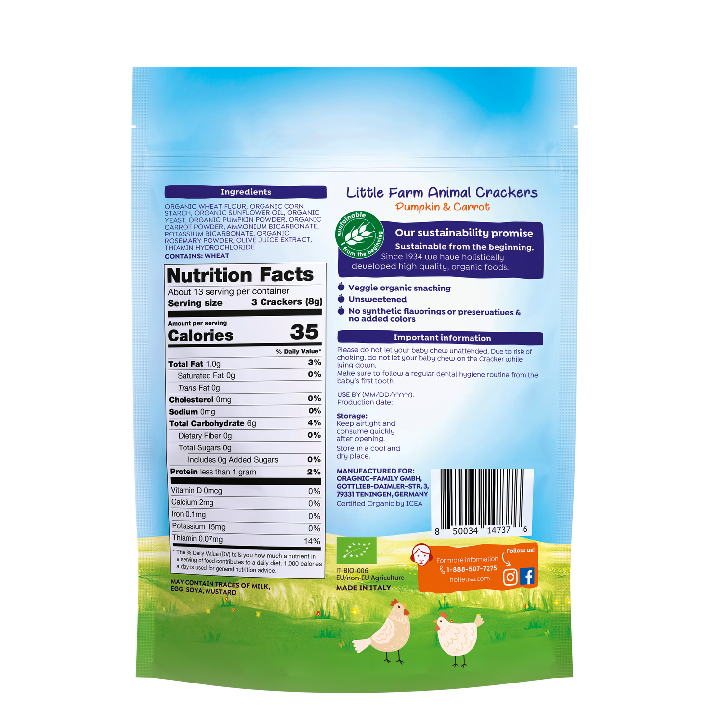 Holle Organic Little Farm Animal Crackers - Pumpkin & Carrot (6 x 3.5oz Packs)