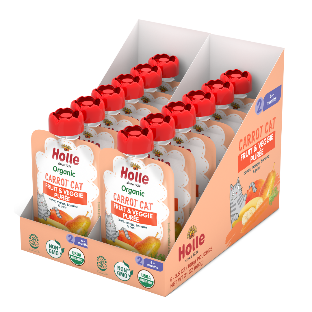 Holle Baby Food Pouches - Organic Fruit & Veggie Puree - Carrot Cat (12 or 24 X3.5 oz Pouches)