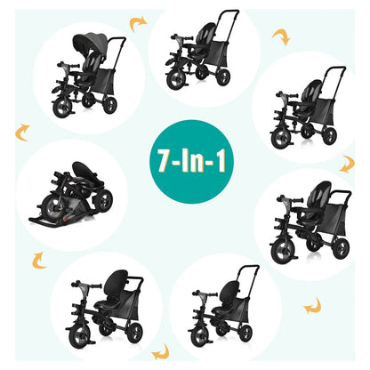 7-In-1 Kids Baby Tricycle Folding Steer Stroller W/ Rotatable Seat Grey