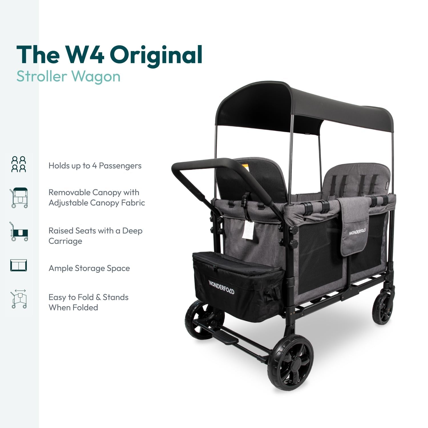 W4 Original Quad Stroller Wagon (4 Seater) - Collapsible Wagon Stroller with Seats with 5-Point Harnesses, Easy Access Zipper Door, and Removable Sun Canopy, Gray