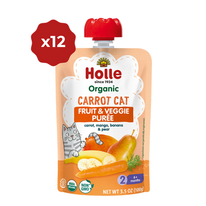 Holle Baby Food Pouches - Organic Fruit & Veggie Puree - Carrot Cat (12 or 24 X3.5 oz Pouches)