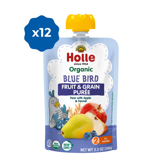 Holle Baby Food Pouches - Organic Fruit & Grain Puree - Blue Bird (12 x 3.5Oz Pouches)