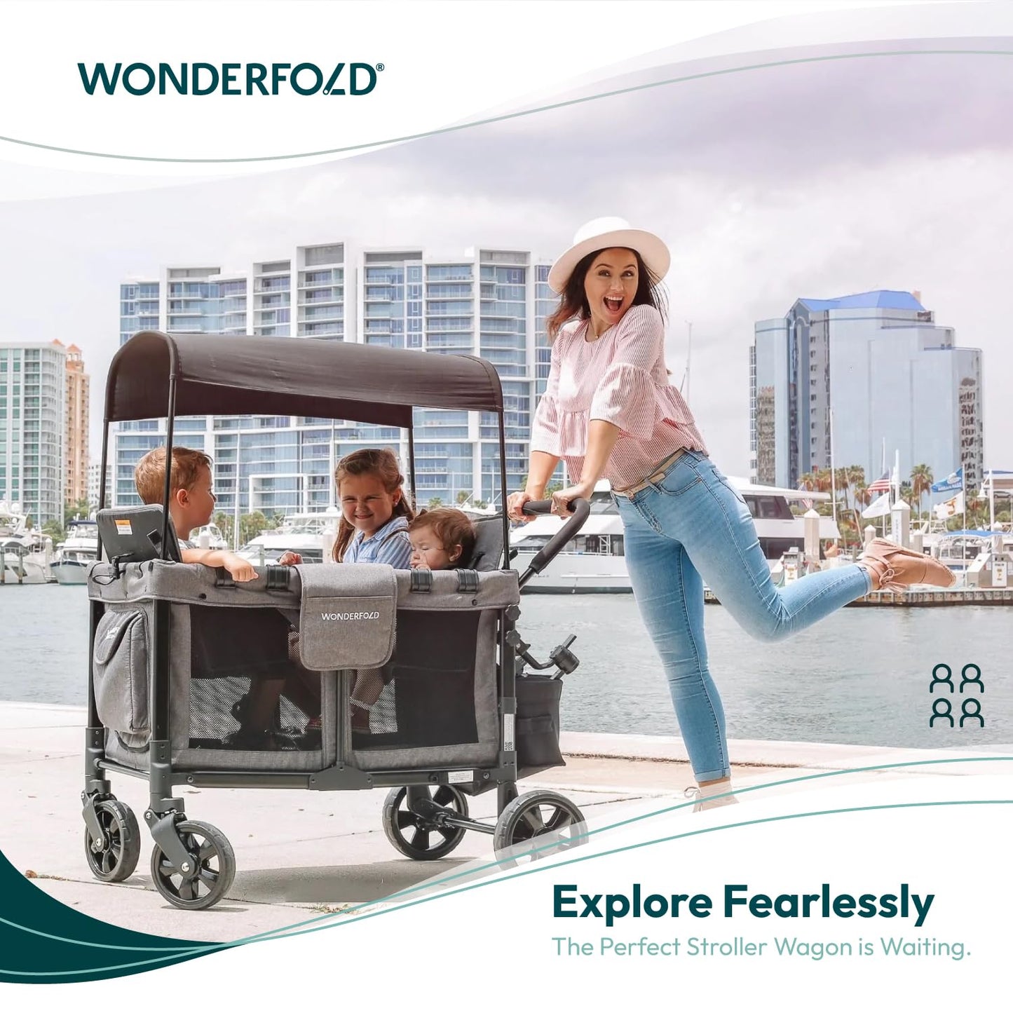 W4 Original Quad Stroller Wagon (4 Seater) - Collapsible Wagon Stroller with Seats with 5-Point Harnesses, Easy Access Zipper Door, and Removable Sun Canopy, Gray