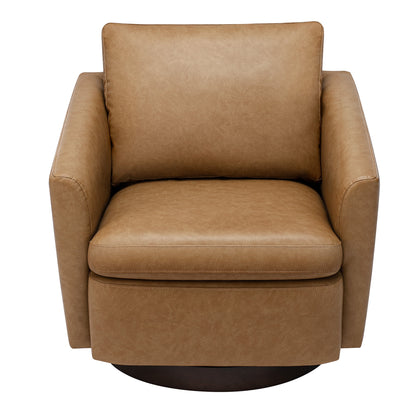 Modern Faux Leather Swivel Accent Chairs with Foam Cushion&Wood Base, Living Room Armchairs, Cognac Brown