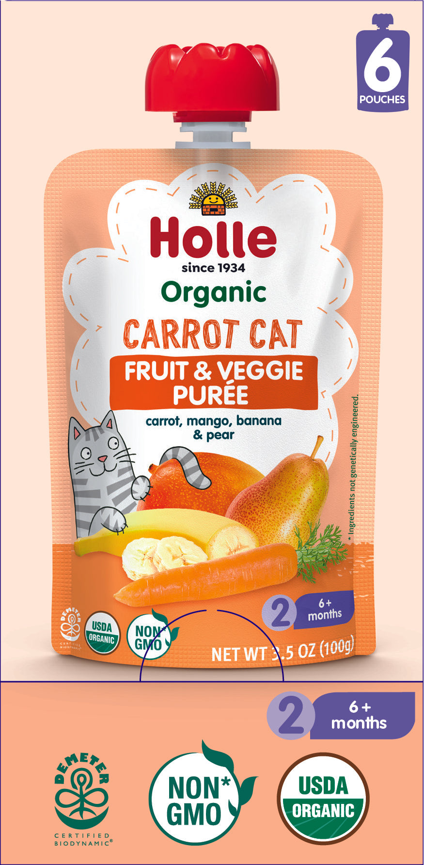 Holle Baby Food Pouches - Organic Fruit & Veggie Puree - Carrot Cat (12 or 24 X3.5 oz Pouches)