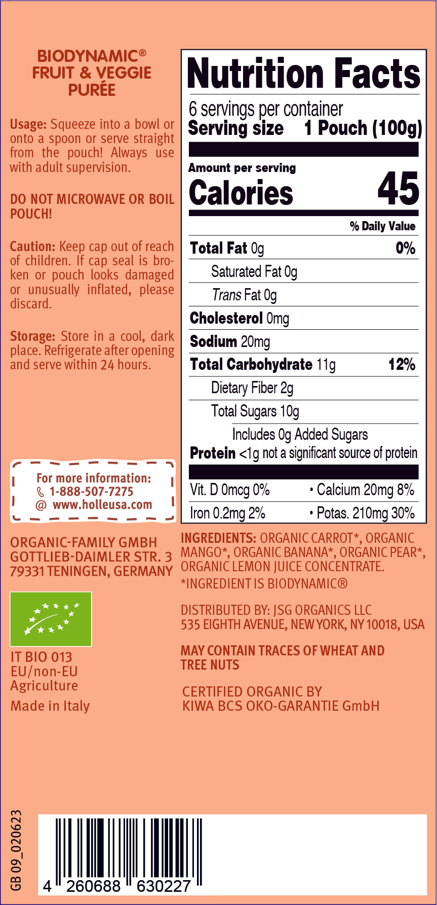 Holle Baby Food Pouches - Organic Fruit & Veggie Puree - Carrot Cat (12 or 24 X3.5 oz Pouches)