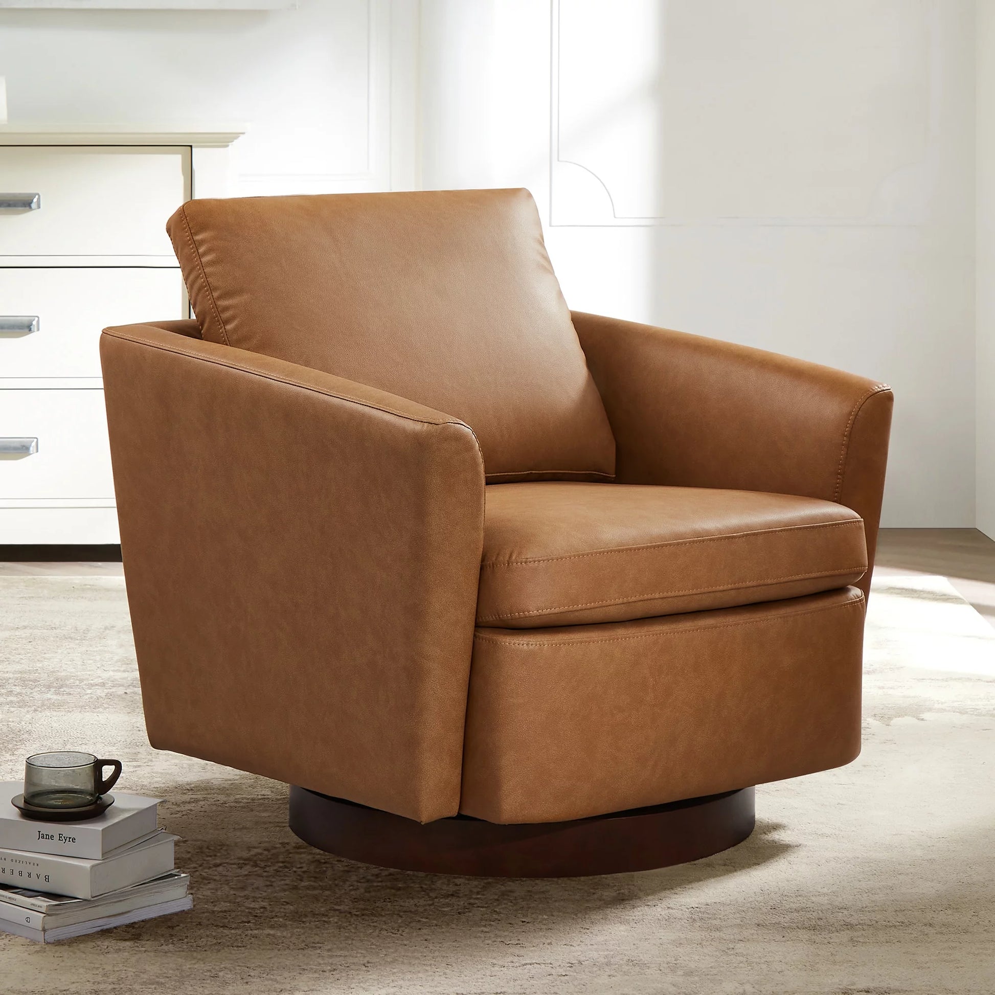 Modern Faux Leather Swivel Accent Chairs with Foam Cushion&Wood Base, Living Room Armchairs, Cognac Brown