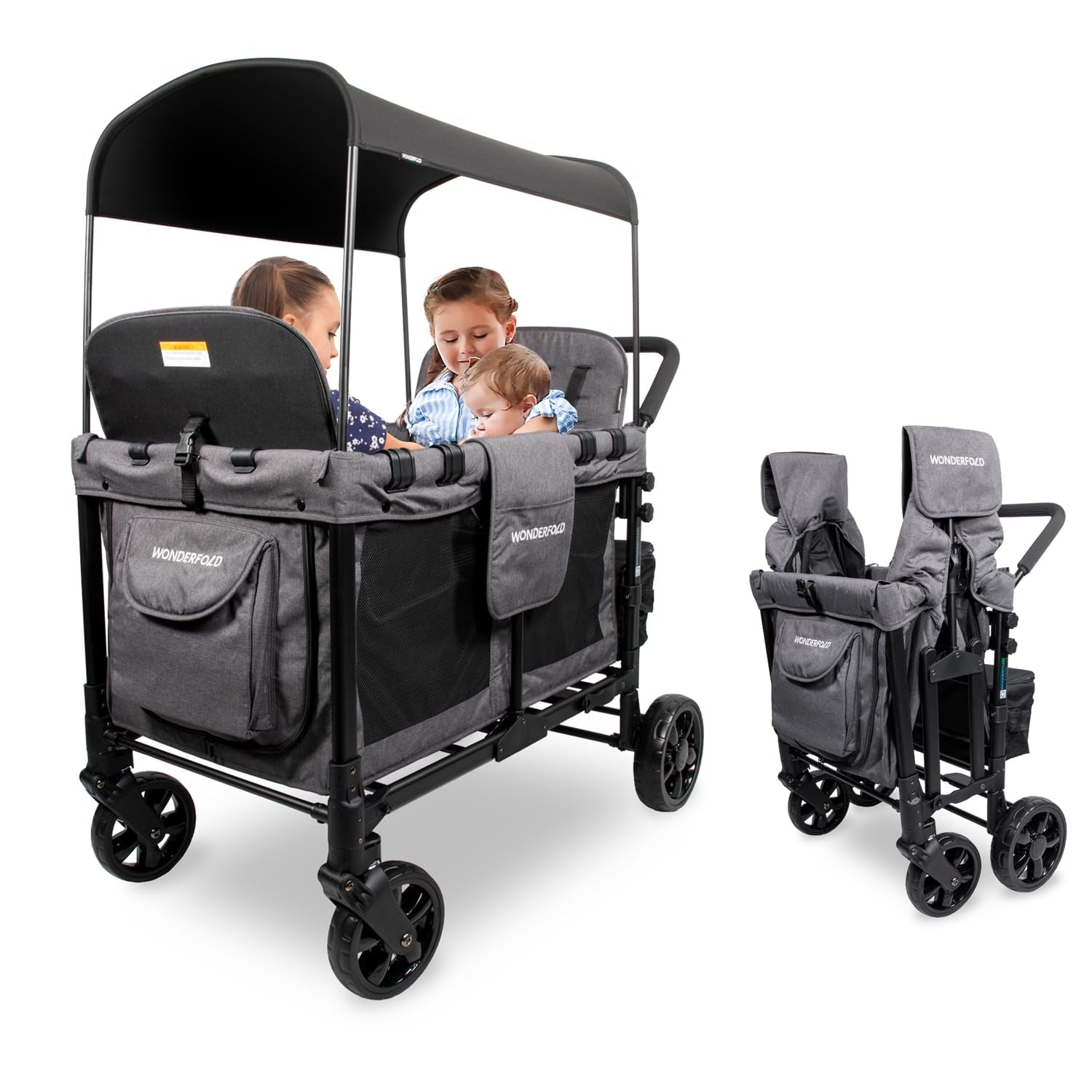 W4 Original Quad Stroller Wagon (4 Seater) - Collapsible Wagon Stroller with Seats with 5-Point Harnesses, Easy Access Zipper Door, and Removable Sun Canopy, Gray