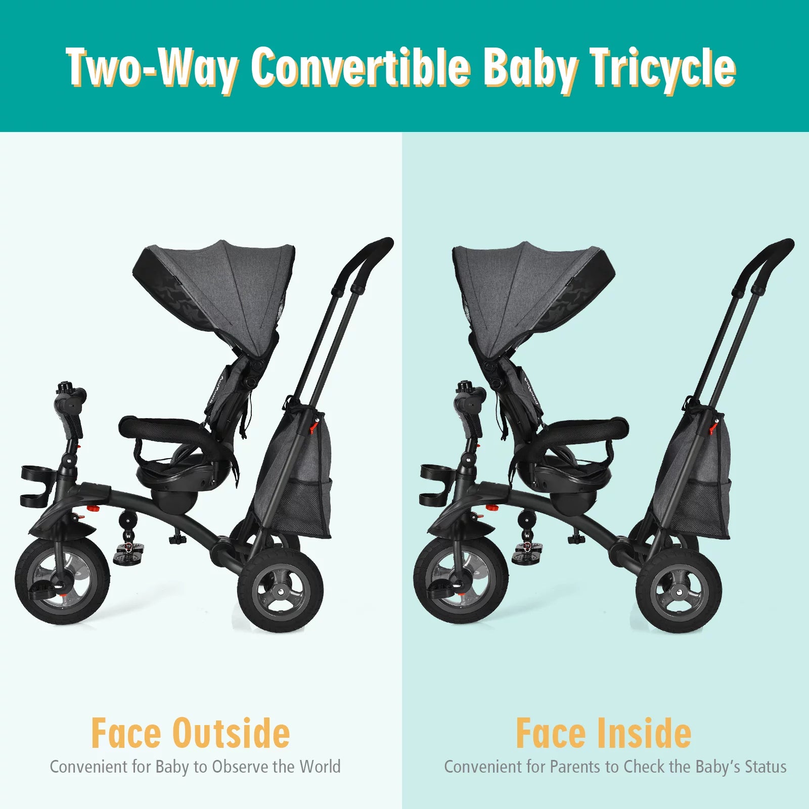 7-In-1 Kids Baby Tricycle Folding Steer Stroller W/ Rotatable Seat Grey