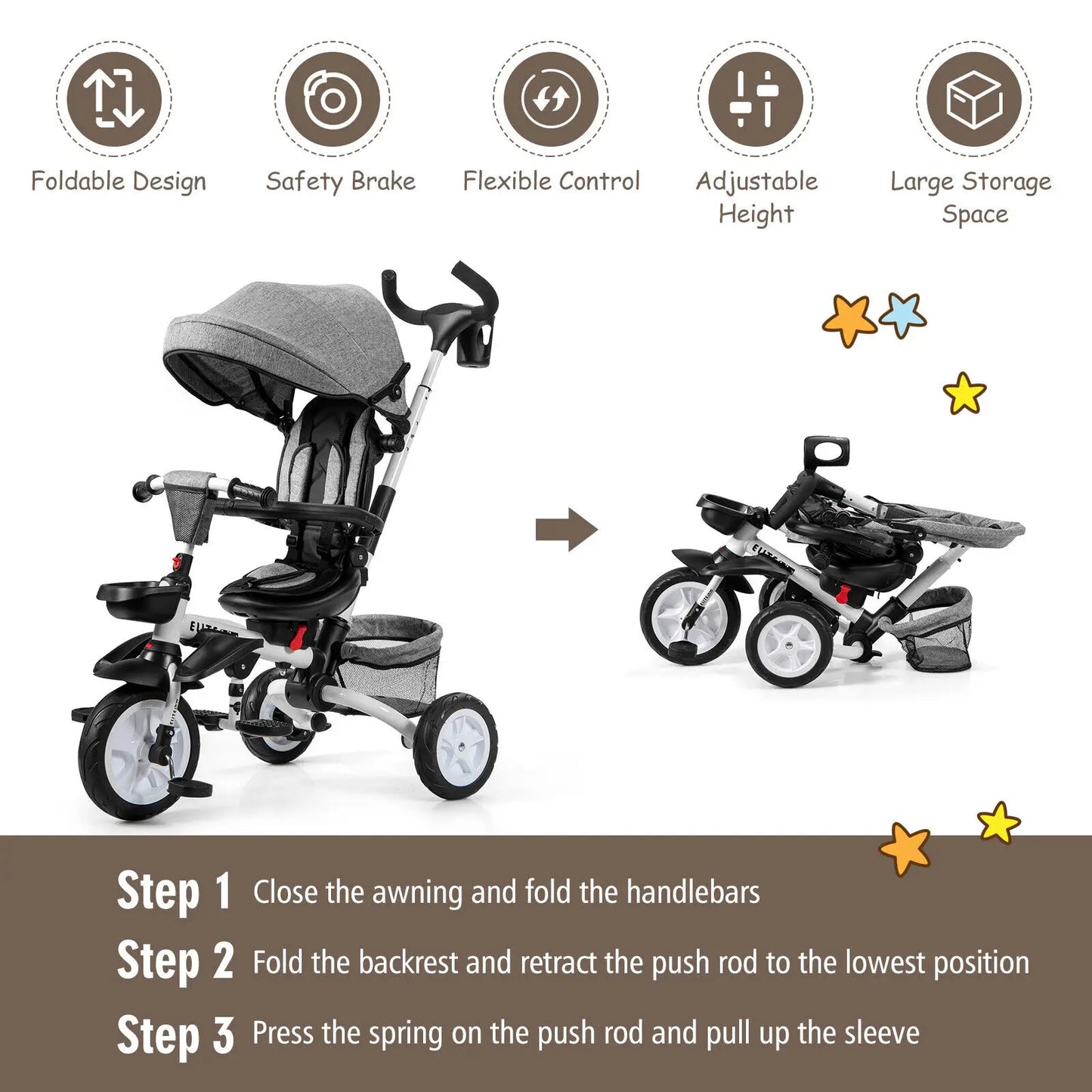 6-In-1 Kids Baby Stroller Tricycle Detachable Learning Toy Bike W/ Canopy